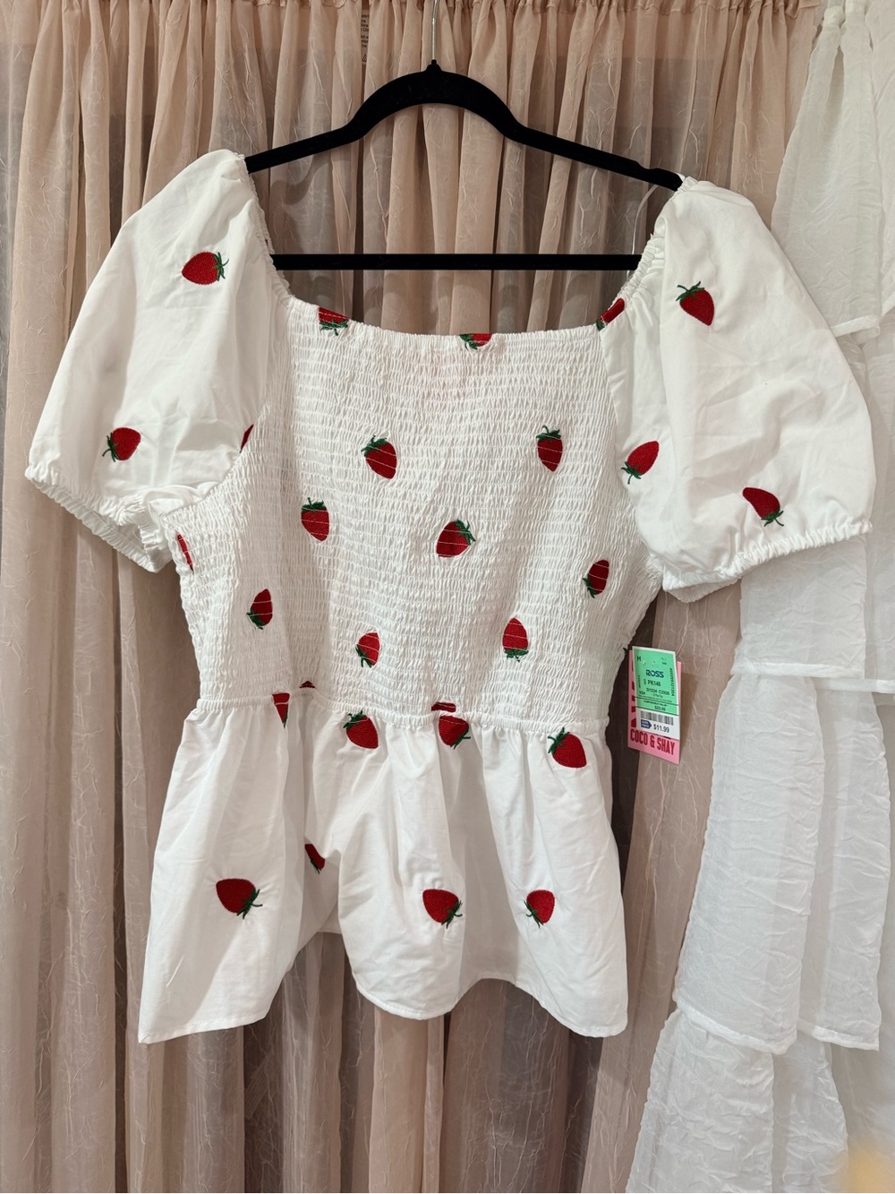 NWT White Strawberry-Embroidered Puff Sleeve Peplum Blouse